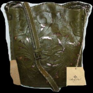 Patricia Nash Lavello Cut Out Tooled Leather Crossbody Bucket Bag Olive & Gold